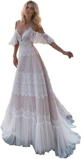 Women's Wedding Dresses Chic Lace Evening Dresses V Neck Ruffle Sleeves Beachy Boho Outdoorsy Wedding Gowns - Bmbride